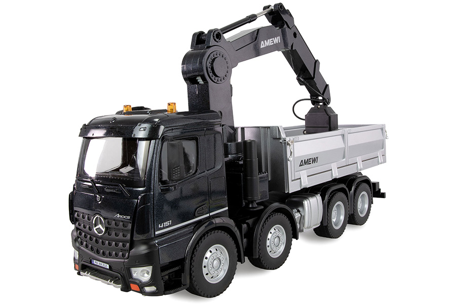 Radiostyrd kranbil - Mercedes Benz Arocs Kranbil med tippflak - 1:18 - 2,4GHz - RTR